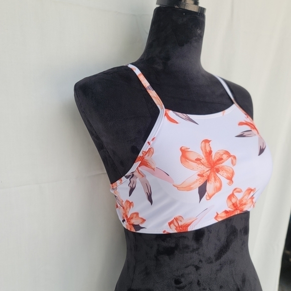 NwOT Shein Orange White Floral Print Swim Top High Neck Strap Sz Large L - Picture 2 of 11